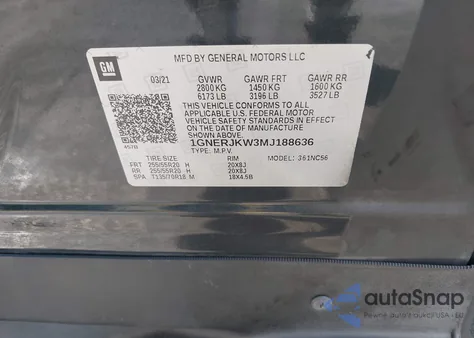 2021 Chevrolet Traverse Fwd Rs z USA, uszkodzony, nr VIN 1GNERJKW3MJ188636